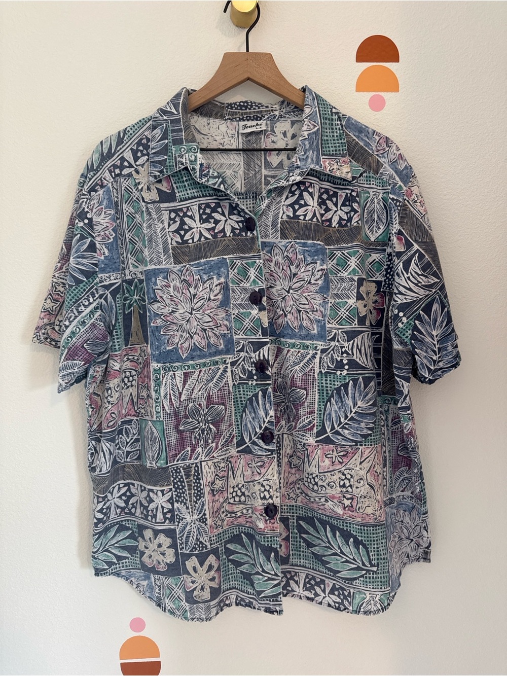 Tropical Patchwork Short-Sleeve Button-Down Shirt - Blue/Green N0074